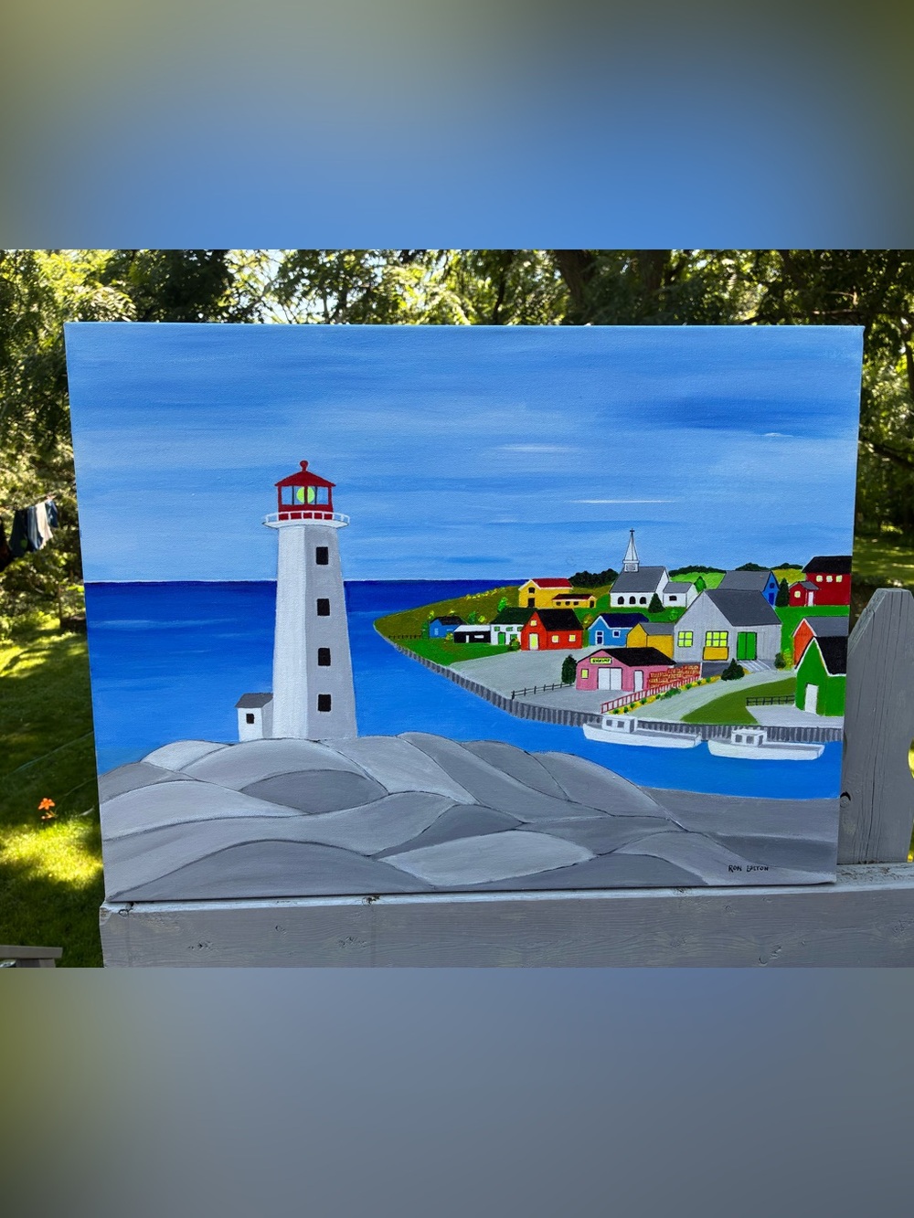 Original Painting Lighthouse Fishing Town by Nova Scotia Artist Ron Belton
